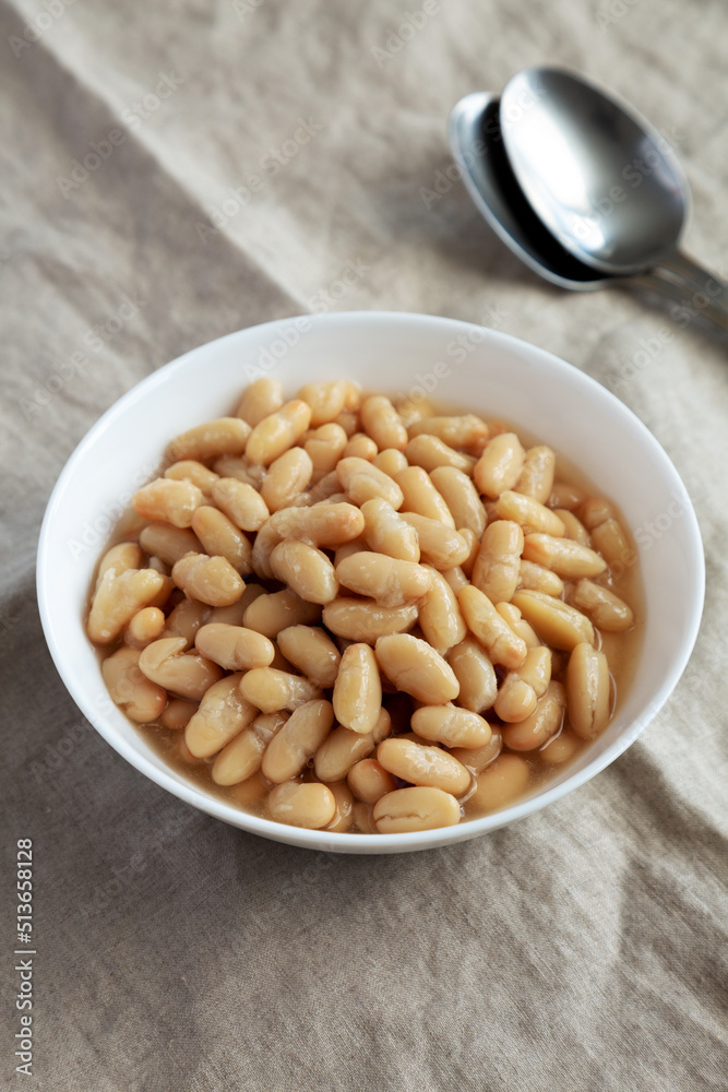 Organic White Cannellini Beans in a White Bowl, low angle view. Organic White Cannellini Beans in a White Bowl, low angle view.