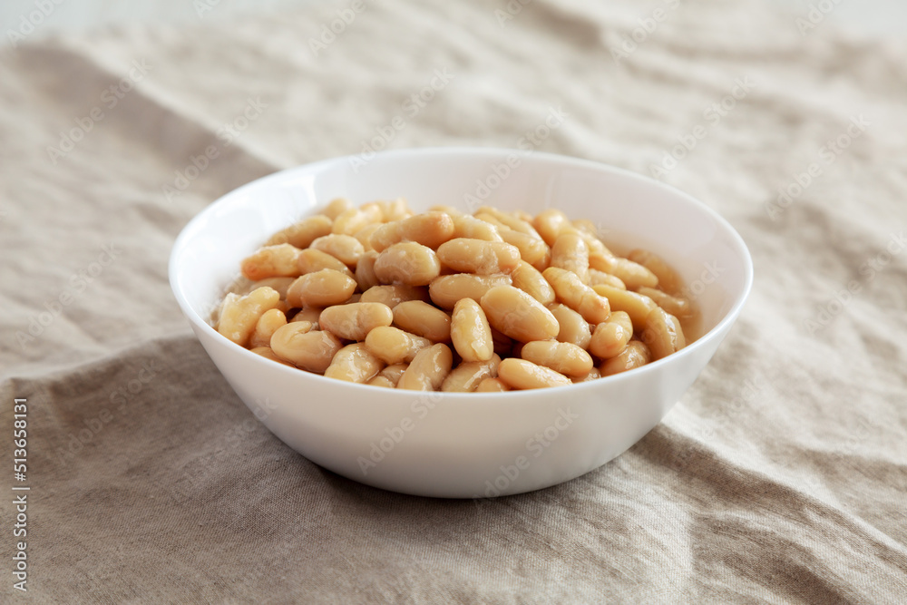 Organic White Cannellini Beans in a White Bowl, side view. Organic White Cannellini Beans in a White Bowl, side view.
