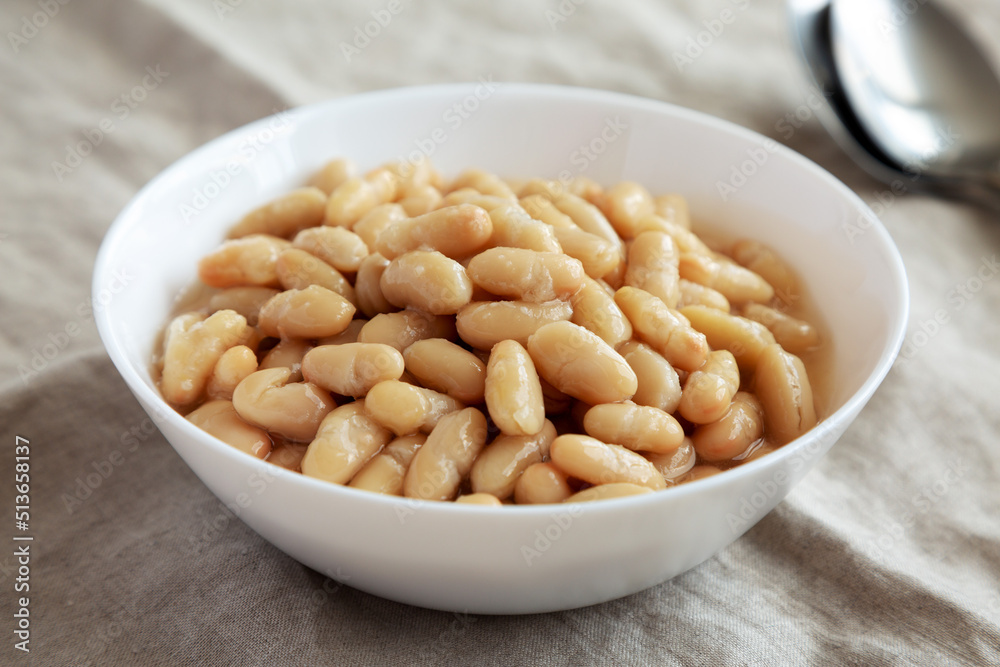 Organic White Cannellini Beans in a White Bowl, side view.
