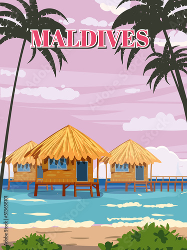 Maldives tropical resort poster vintage. Travel holiday summer. Beach coast traditional huts, palms, ocean. Retro style illustration vector