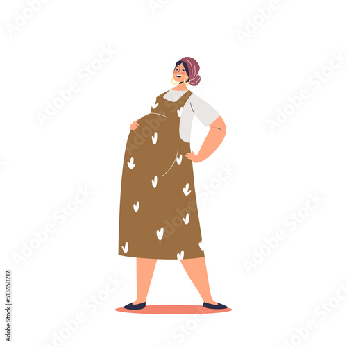 Healthy pregnant woman in dress holding belly with hands. Happy female future mother childbearing