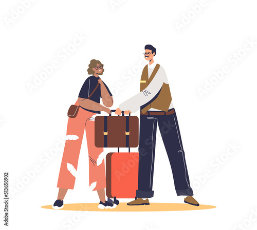 Male bellboy taking luggage bags from woman arriving to hotel. Doorman help female visitor