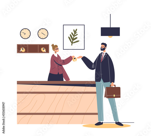 Male visitor checking in to hotel at reception in lobby. Receptionist welcoming registering guest