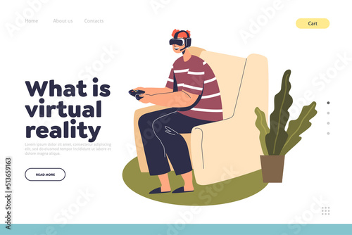 What is virtual reality concept of landing page with boy in vr glasses gaming