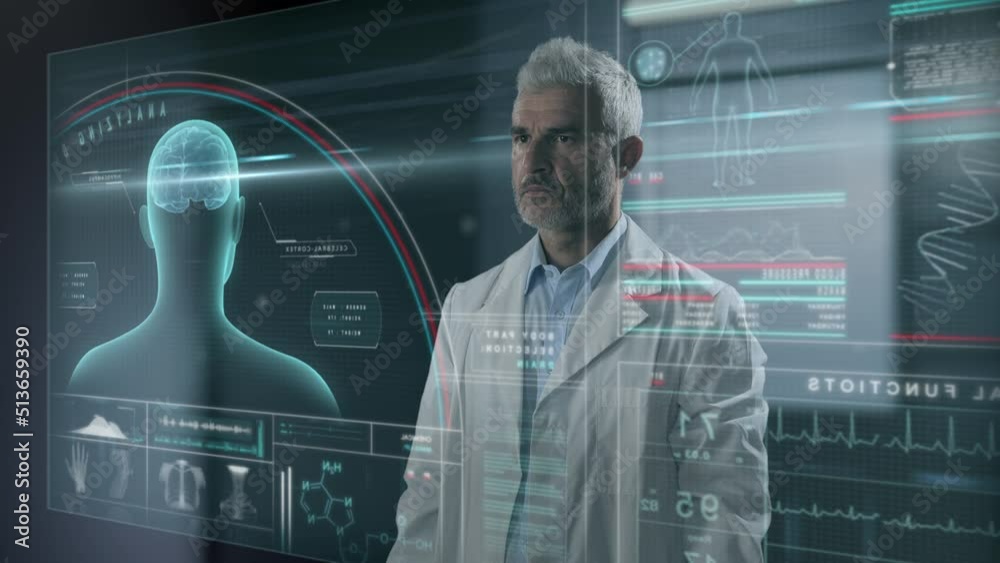 futuristic medicine science,scientist using graphic interface studying human body,new medical technology,doctor researcher uses augmented reality touch screen 