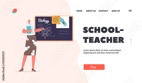 School Teacher Landing Page Template. Teacher with Textbook Stand at Blackboard Teach Biology Lesson, Education Concept