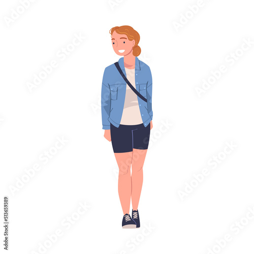 Walking Woman Character Strolling in the Street and Smiling Vector Illustration