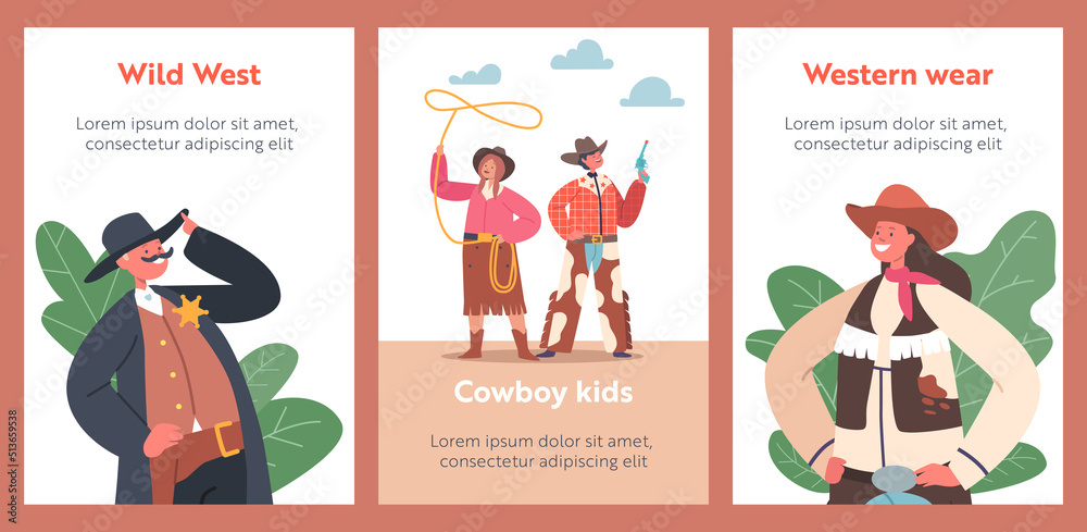 Fototapeta premium Cowboy Kids Cartoon Banners. Children Wear Traditional Wild West Costumes and Hats. Boys and Girls Western Personages