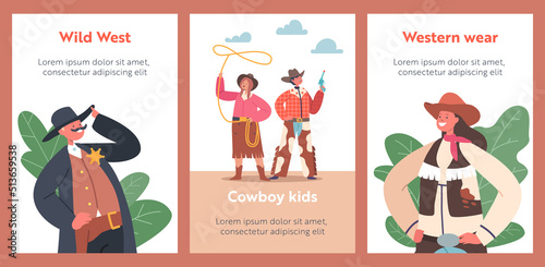 Cowboy Kids Cartoon Banners. Children Wear Traditional Wild West Costumes and Hats. Boys and Girls Western Personages