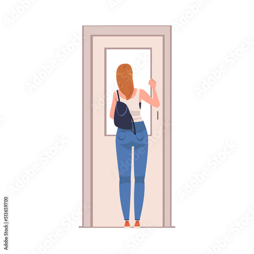 Woman Character Knocking at Close Door Waiting for Entering Vector Illustration