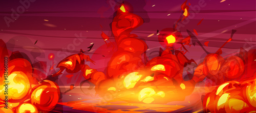 Fire background, cartoon red bomb explosion clouds over destroyed burnt land. Boom effect with smoke, Ui design with dynamite explosive detonation, atomic war Vector web banner