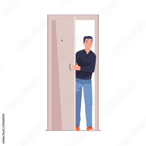 Man Character at the Door Opening It Entering Home Vector Illustration