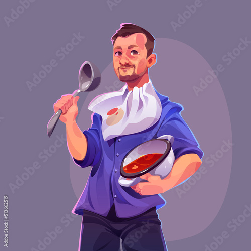 Man chef cook tomato soup. Vector cartoon illustration of character with ladle and pot with ukrainian borscht. Person cooks gazpacho, stew or tomato soup in saucepan at home kitchen