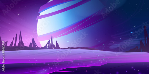 Cosmic background, alien planet deserted landscape with purple mountains, rocks, stars shine in deep space and huge sphere in sky. Extraterrestrial game scene, wallpaper, Cartoon vector illustration