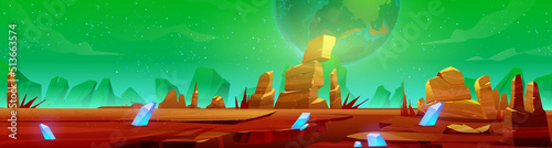 Mars landscape, alien planet background, red desert surface with mountains, blue cristals and stars shine on green sky. Martian ground surface, scenery game backdrop, cartoon vector illustration
