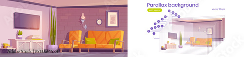 Parallax background for game with living room interior in eco rustic or minimal loft style. 2d cartoon apartment with tv set and wooden furniture armchair or sofa separated layers, Vector illustration