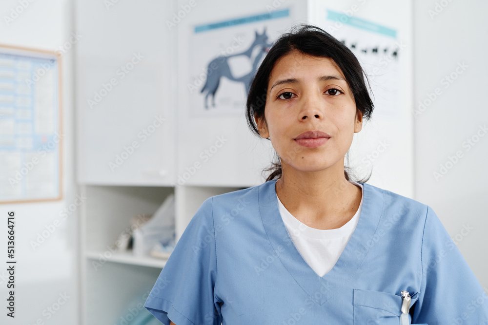 Medium close-up portrait of young adult Hispanic woman working in vet clinic standing in exam room looking at camera Medium close-up portrait of young adult Hispanic woman working in vet clinic standing in exam room looking at camera