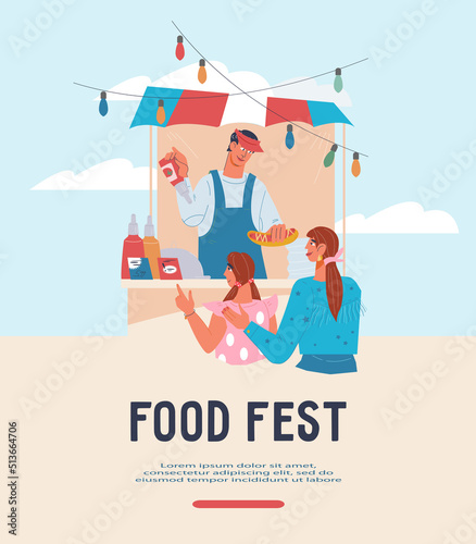 Food fest banner or poster template with hot dog seller and customers, flat vector.