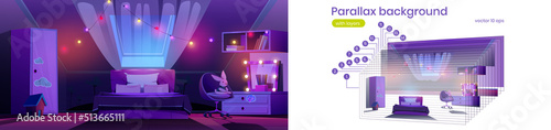 Parallax background night girl bedroom on attic for 2d game animation. Cute interior in colors with bed, wardrobe, makeup mirror, curtained window and garlands. Dark vector mansard, separated layers