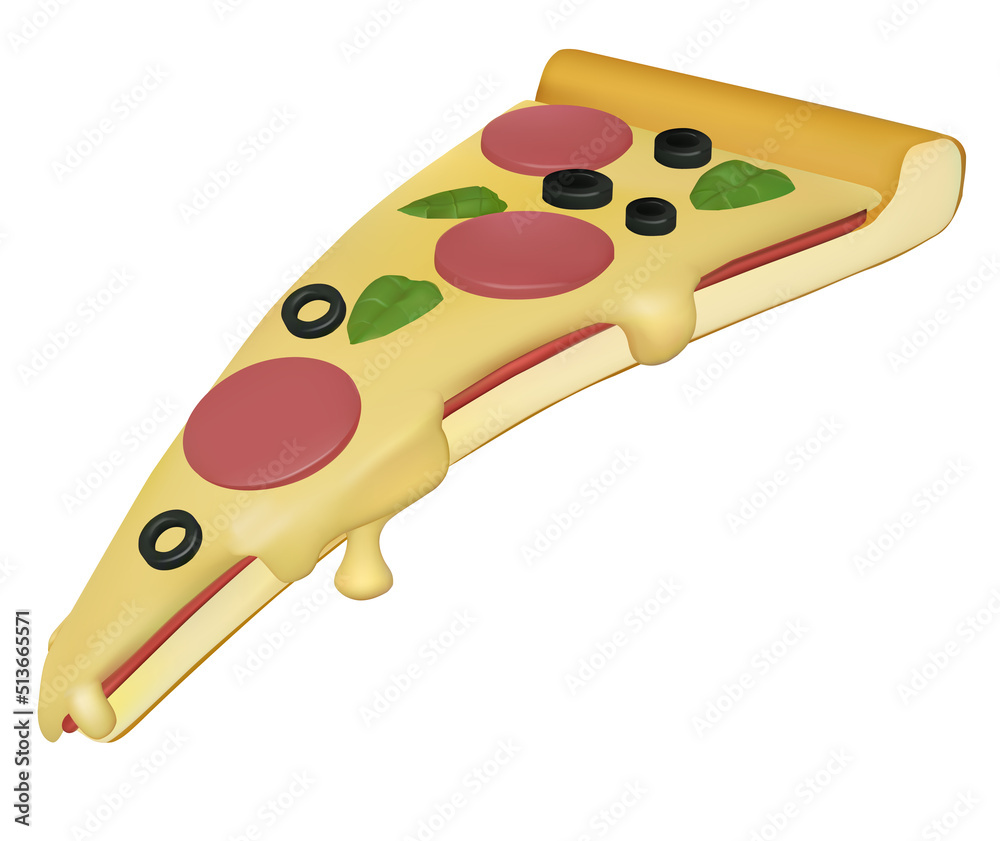 Slice of pizza with sausae, basil and olive isolated on white background. 3D vector render illustration. Slice of pizza with sausae, basil and olive isolated on white background. 3D vector render illustration.
