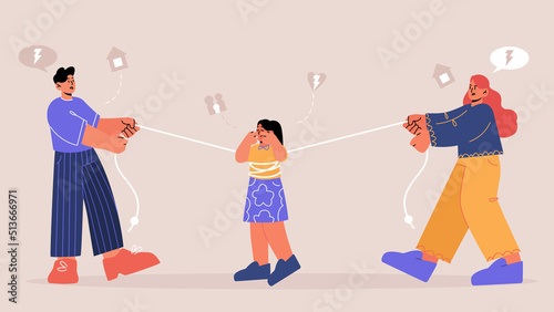 Custody battle, divorce tug of war, child division, struggle for dominance in family. Parents tugging daughter to different sides, fight over kid, couple separation, Line art flat Vector illustration