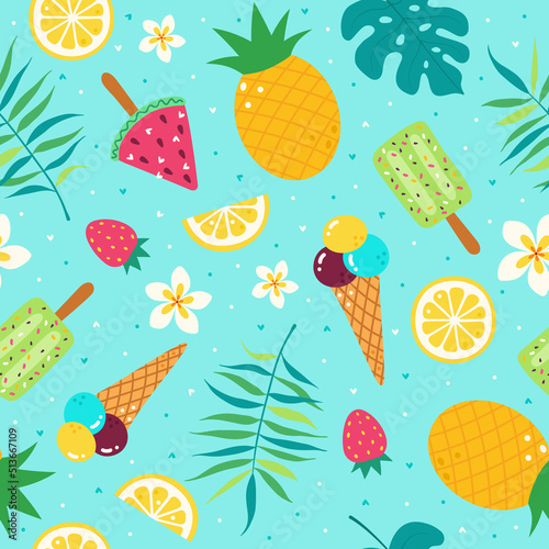 Cute bright summer holidays seamless pattern with tropical fruits, ice cream and palm leaf vector
