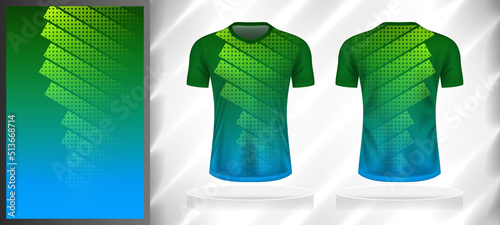 Vector sport pattern design template for V-neck T-shirt front and back with short sleeve view mockup. Green-blue color gradient geometric square halftone texture background illustration.