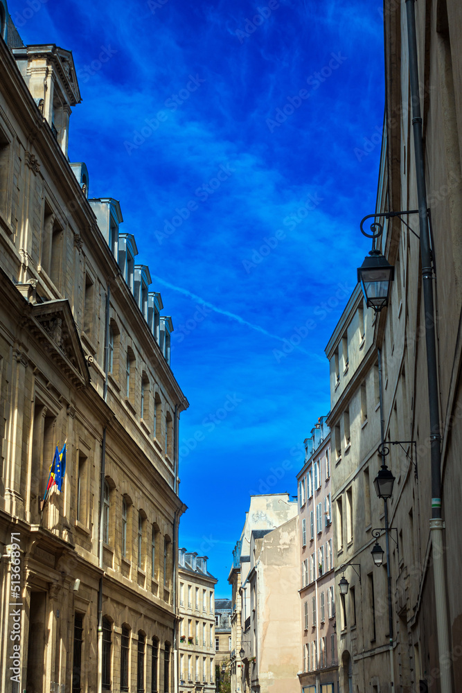 PARIS, FRANCE - APRIL 8, 2022: Antique building view in Paris city, France.
