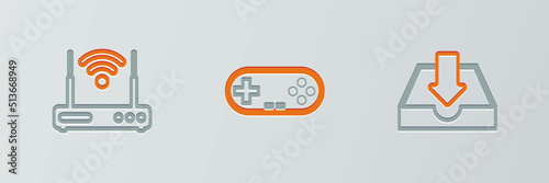 Set line Shit, Router and wi-fi and Gamepad icon. Vector