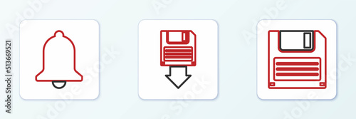 Set line Floppy disk, Ringing bell and backup icon. Vector