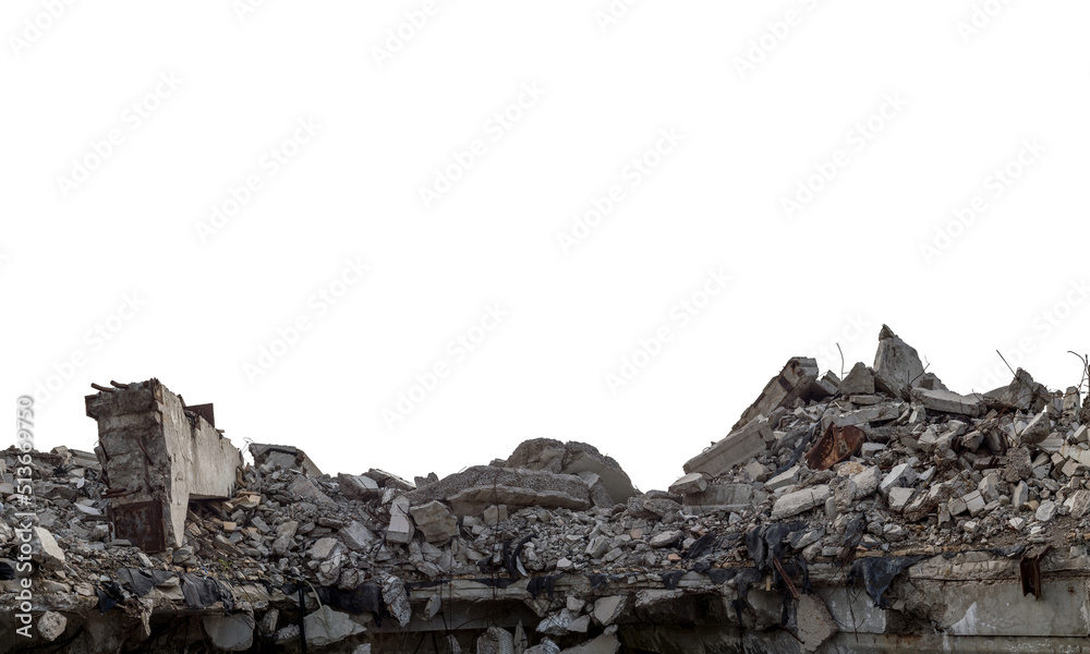 Panorama. A pile of gray concrete debris remains of a destroyed building isolated on a white background - obrazy, fototapety, plakaty 