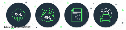 Set line Methane emissions reduction, Share file, and Car sharing icon. Vector