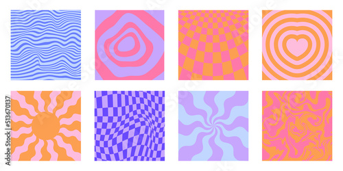 Vector backgrounds in groovy psychedelic style - abstract backdrops and design templates for social media posts and stories, cards and posters