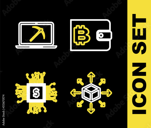 Set line Cryptocurrency wallet, Distribution, CPU mining farm and Mining with laptop and pickaxe icon. Vector