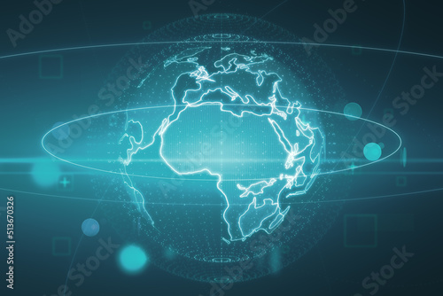 Global worldwide telecommunications network concept with digital illuminated world map globe in dotted sphere and satellite trajectory on dark blue background. 3D rendering