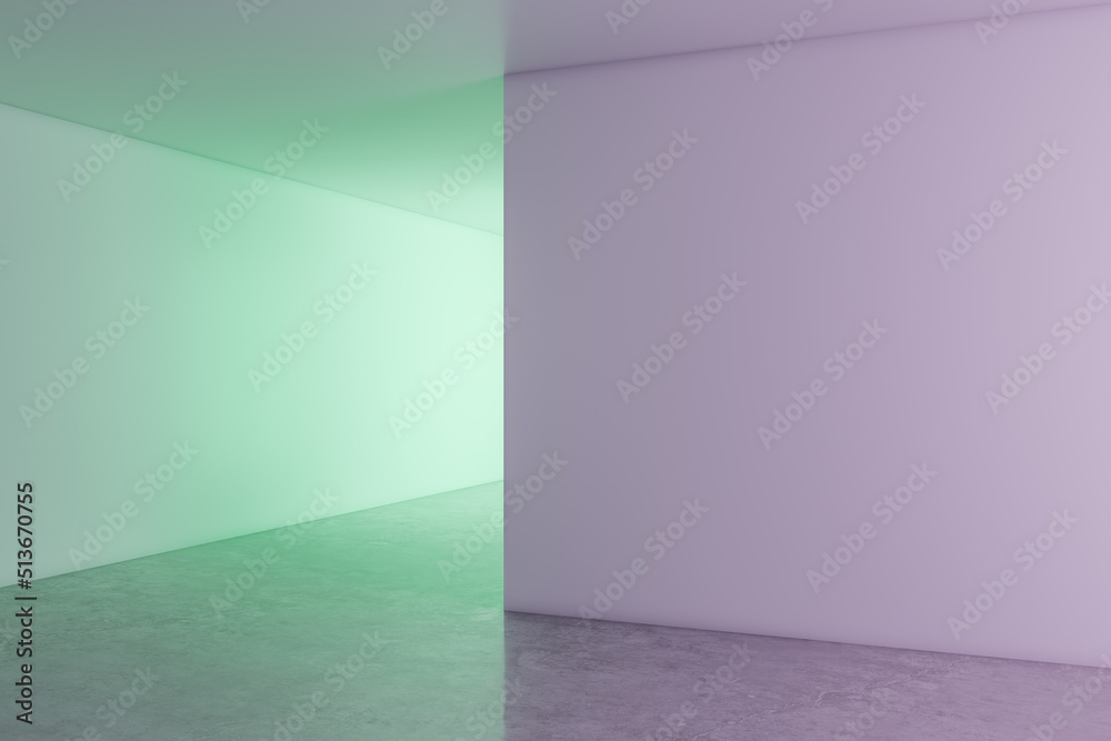 Perspective view on blank purple wall with place for your poster or advertising banner in abstract empty hall with concrete floor and green light. 3D rendering, mock up Perspective view on blank purple wall with place for your poster or advertising banner in abstract empty hall with concrete floor and green light. 3D rendering, mock up