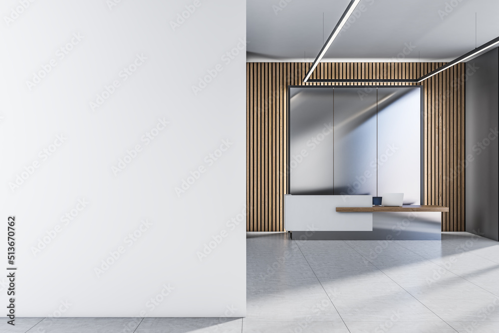 Front view on blank white wall for your poster or image frame in sunlit spacious office on modern eco style reception desk background. 3D rendering, mockup