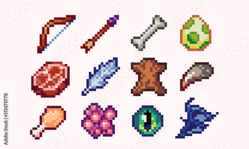 Hunting items pixel art set. Leather, feather, meat, bone, animal body parts collection. 8 bit sprite. Game development, mobile app.  Isolated vector illustration.