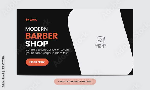 Modern barber shop video thumbnail template. Editable salon web banner template