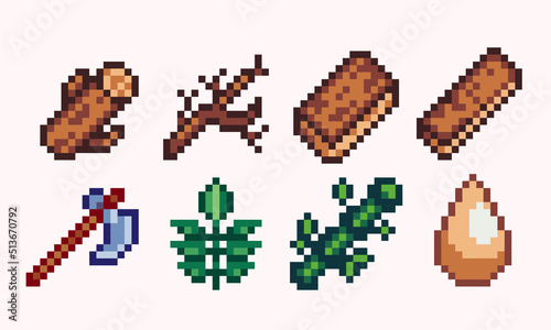 Forestry, logging, woodworking pixel art set. Timber wood, foliage, stem collection. 8 bit sprite. Game development, mobile app.  Isolated vector illustration.
