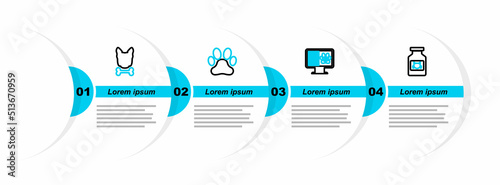 Set line Cat medicine bottle, Clinical record pet on monitor, Paw print and Dog and bone icon. Vector