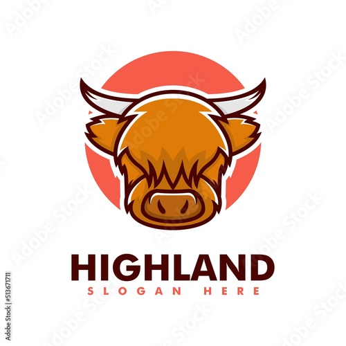 Vector Logo Illustration Highland Cow Simple Mascot Style.