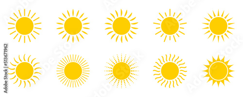 Sun icon set. Symbol of summer. Vector illustration