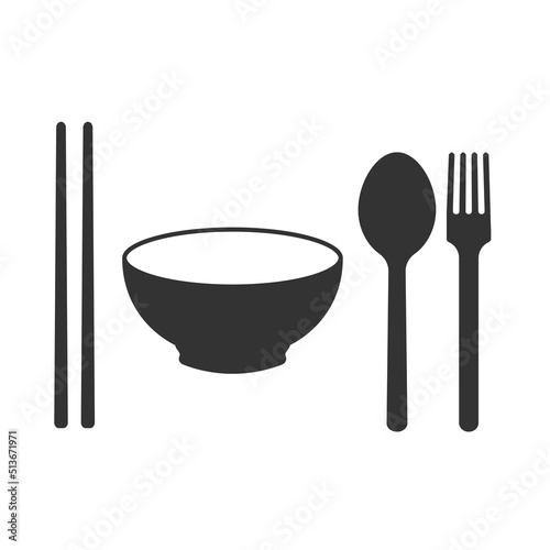 Spoon, fork, chopsticks and bowl icon isolated. Vector illustration