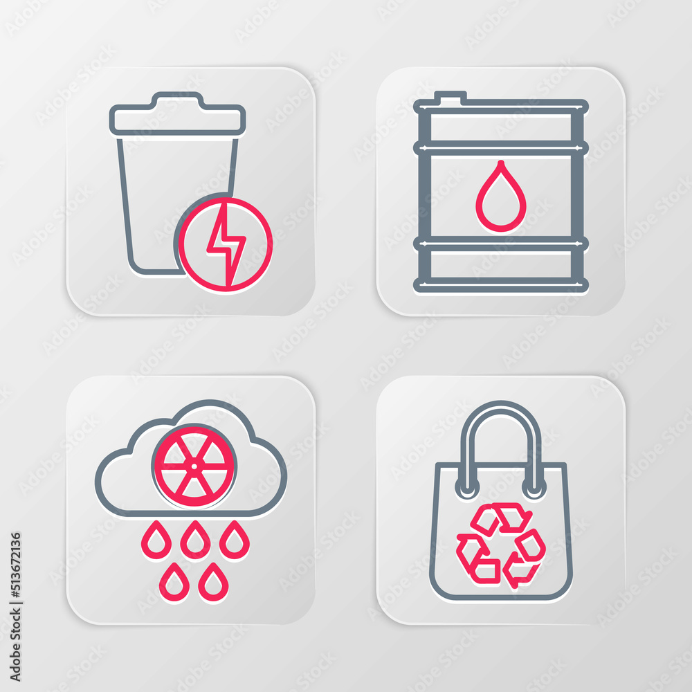 Set line Shopping bag with recycle, Acid rain and radioactive cloud, Oil barrel and Lightning trash can icon. Vector Set line Shopping bag with recycle, Acid rain and radioactive cloud, Oil barrel and Lightning trash can icon. Vector