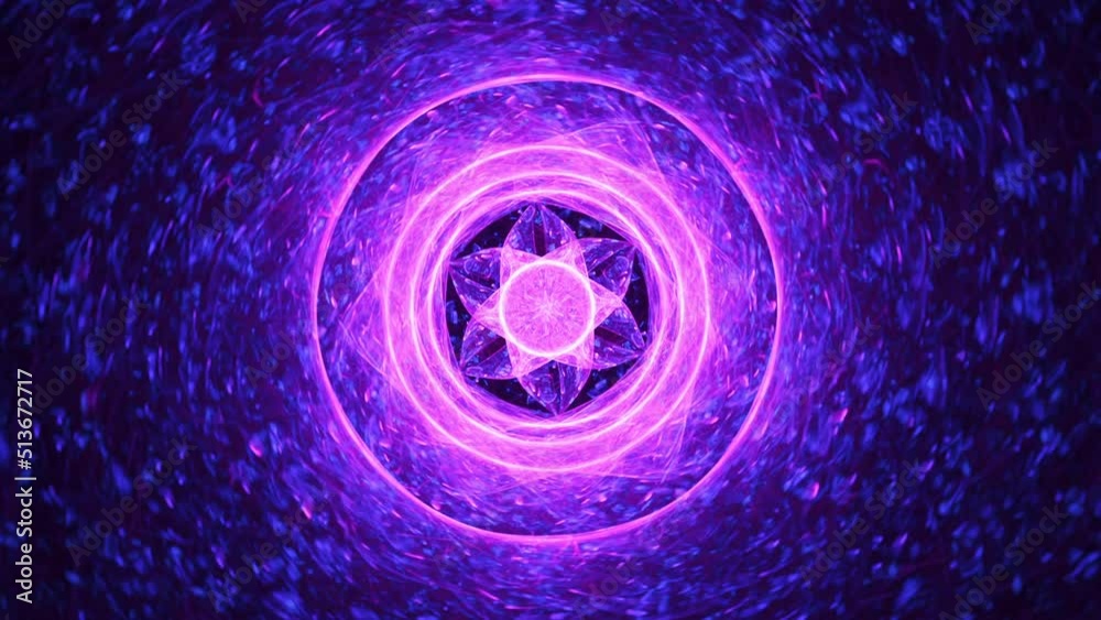 Crystalized purple flowering nucleus - seamless looping fractal spirals abstract background, relaxing meditative spiritual fusion, intricate kaleidoscope mandala, sacred colorful imagination geometry.