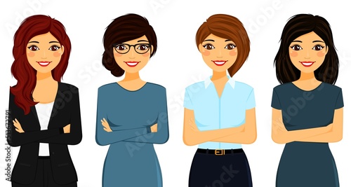 Four young business women in office clothes. Flat style on a white background. Cartoon.