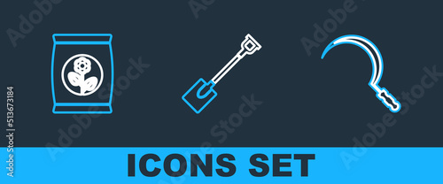 Set line Bucket, Fertilizer bag and Garden shovel icon. Vector