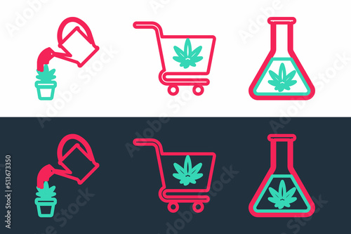 Set line Test tube with marijuana, Watering can and Shopping cart icon. Vector