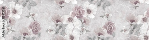 Pink Flowers on the old crackle wall background, wallpaper design